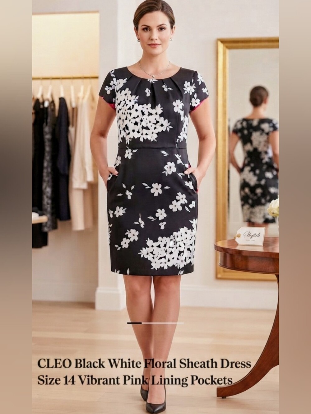 CLEO Black White Floral Sheath Dress Size 14 Vibrant Pink Lining Pockets